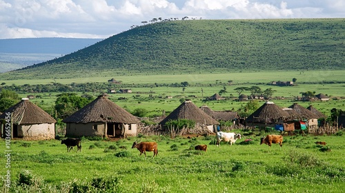 Maasai village with traditional huts, surrounded by livestock and villagers engaging in daily activities photo