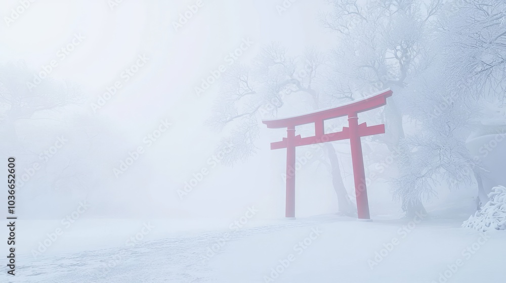 Serene Winter Scene of Ancient Japanese Shrine with Red Torii Gates in Snowy Landscape Serene Winter Scene of Ancient Japanese Shrine with Red Torii Gates in Snowy Landscape