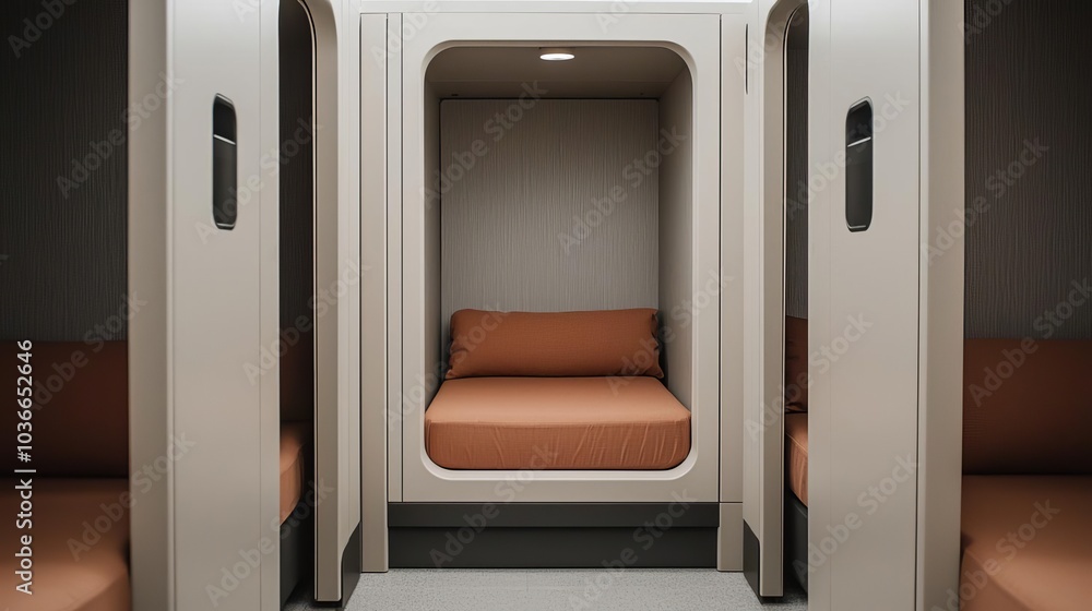 Private sleeping pods in a quiet section of an airport lounge, offering travelers rest before a long flight, airport lounge rest area, convenience and comfort Private sleeping pods in a quiet section of an airport lounge, offering travelers rest before a long flight, airport lounge rest area, convenience and comfort
