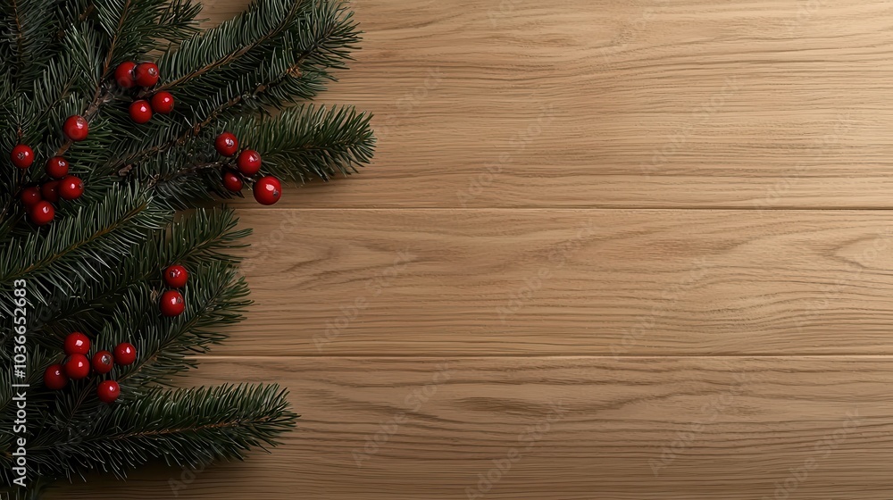 festive arrangement of evergreen branches with red berries on wooden surface creates warm and inviting atmosphere for holiday season festive arrangement of evergreen branches with red berries on wooden surface creates warm and inviting atmosphere for holiday season