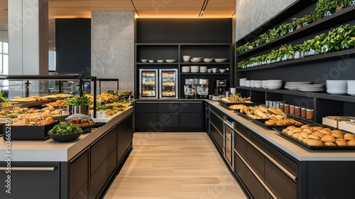 Sleek airport lounge with a buffet area offering gourmet snacks and drinks, and a selfservice coffee station, airport lounge dining, elegant intransit dining experience