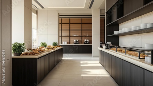 Sleek airport lounge with a buffet area offering gourmet snacks and drinks, and a selfservice coffee station, airport lounge dining, elegant intransit dining experience