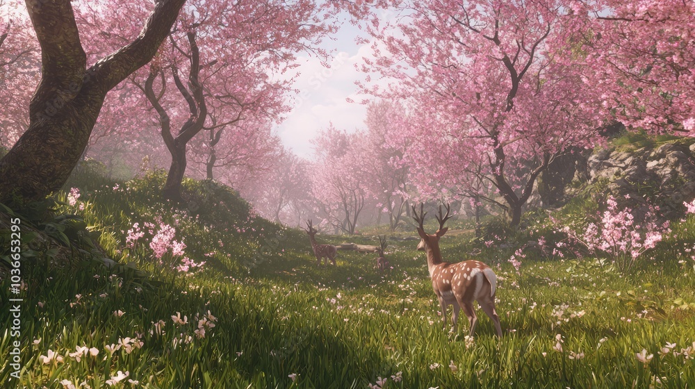 Serene Medieval Japanese Countryside: Deer Grazing Amid Cherry Blossom Trees in Full Bloom Serene Medieval Japanese Countryside: Deer Grazing Amid Cherry Blossom Trees in Full Bloom