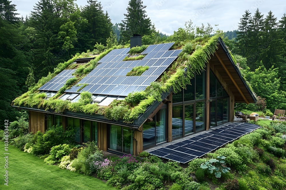 Modern Green Roof House with Solar Panels and Lush Gardens Modern Green Roof House with Solar Panels and Lush Gardens