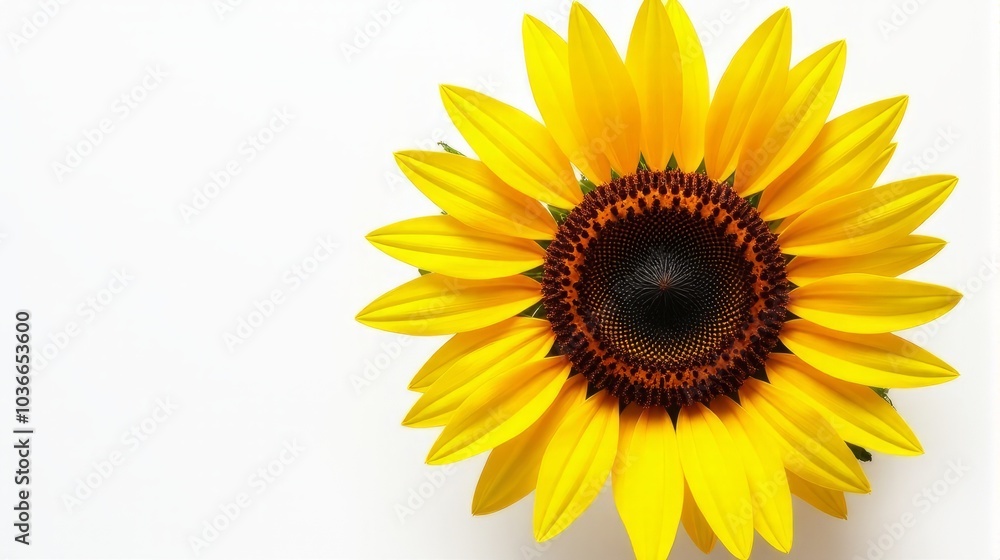 Single Vibrant Sunflower With Bright Yellow Petals and a Detailed Dark Brown Center Against a Clean White Isolated Background. Single Vibrant Sunflower With Bright Yellow Petals and a Detailed Dark Brown Center Against a Clean White Isolated Background.