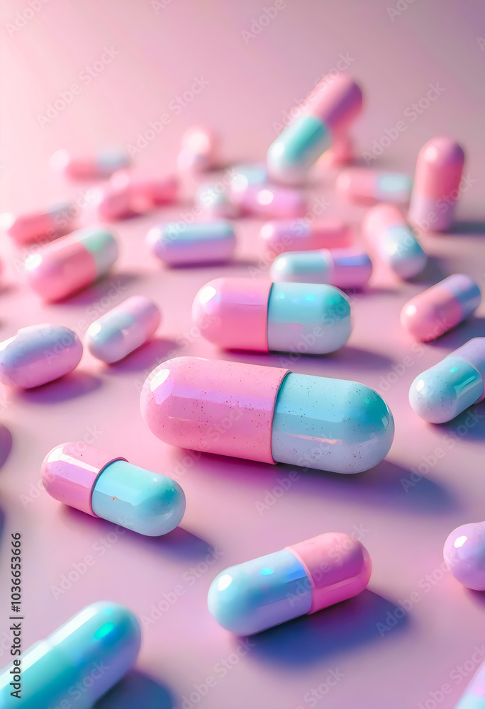 Pink and Blue Pills on Pink Background. Pink and Blue Pills on Pink Background.