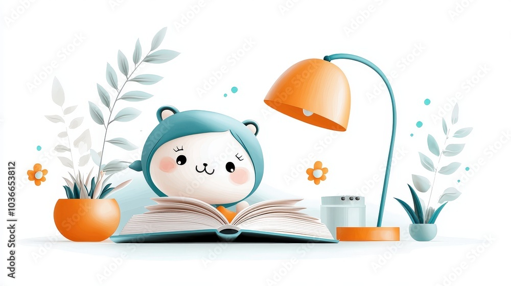 A colorful illustration of a cartoon girl reading a book under a lamp in her house, with bright details on a white background for a playful, cozy effect. A colorful illustration of a cartoon girl reading a book under a lamp in her house, with bright details on a white background for a playful, cozy effect.