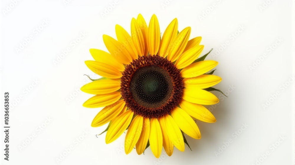 Single Vibrant Sunflower With Bright Yellow Petals and a Detailed Dark Brown Center Against a Clean White Isolated Background. Single Vibrant Sunflower With Bright Yellow Petals and a Detailed Dark Brown Center Against a Clean White Isolated Background.