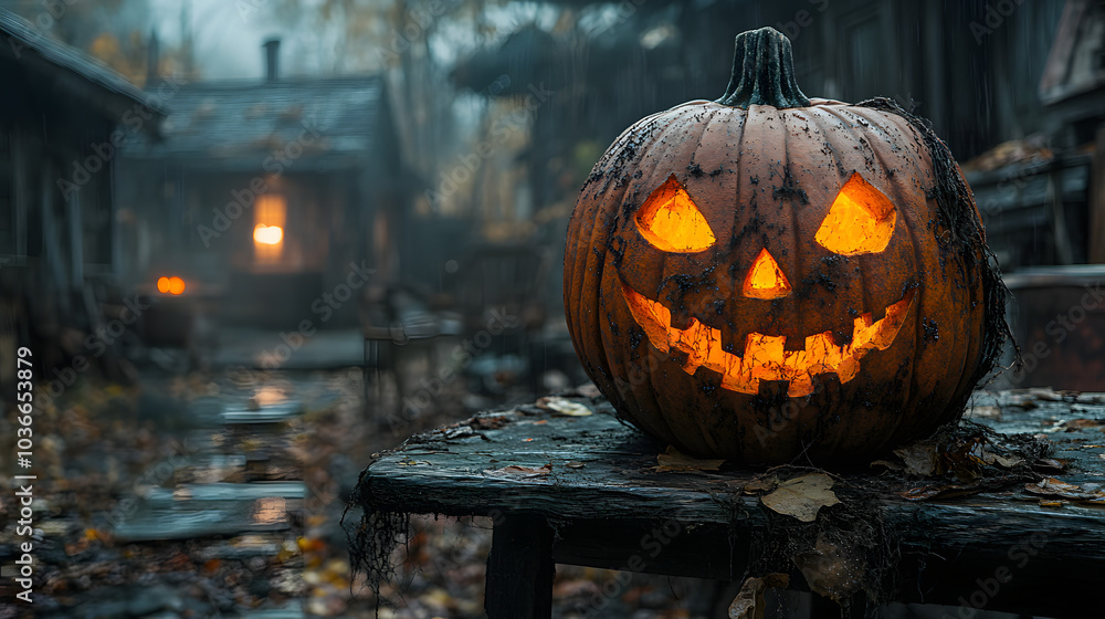 A Cheerful Jack-o’-Lantern Sitting on an Outdoor Table Surrounded by Colorful Autumn Leaves, Capturing the Essence of Halloween Festivities and Outdoor Celebrations, Perfect for Seasonal Decorations a A Cheerful Jack-o’-Lantern Sitting on an Outdoor Table Surrounded by Colorful Autumn Leaves, Capturing the Essence of Halloween Festivities and Outdoor Celebrations, Perfect for Seasonal Decorations a