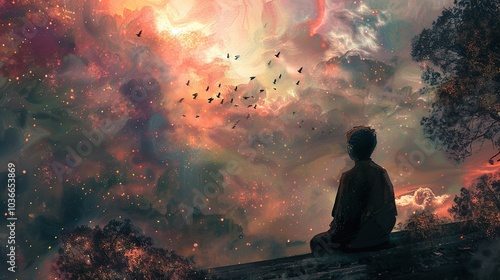 A Child Gazing at the Stars: A Dreamy Fantasy Artwork