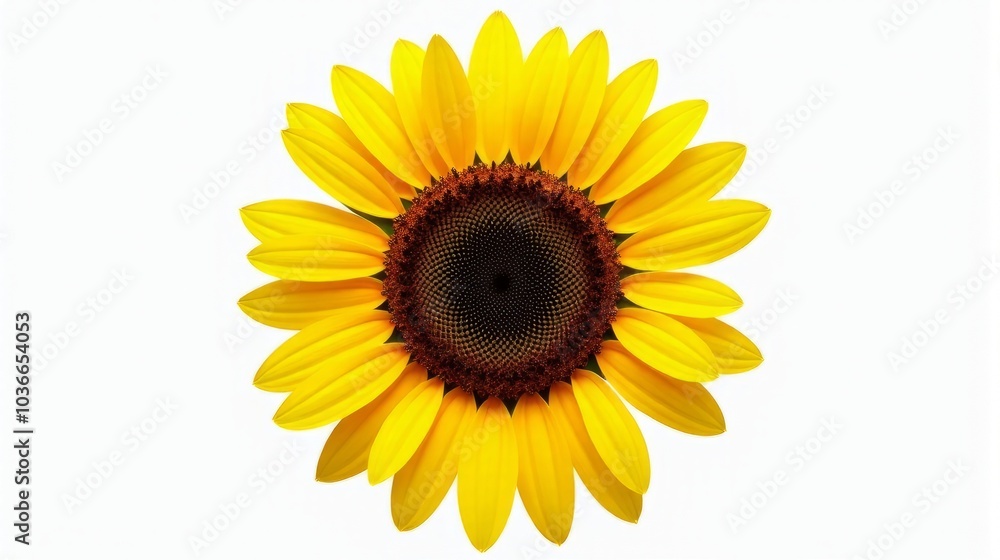 Single Vibrant Sunflower With Bright Yellow Petals and a Detailed Dark Brown Center Against a Clean White Isolated Background. Single Vibrant Sunflower With Bright Yellow Petals and a Detailed Dark Brown Center Against a Clean White Isolated Background.