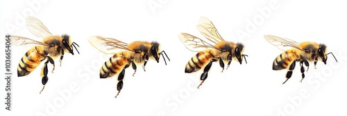 Honeybee in flight with wings fully extended, isolated against a white background, showcasing intricate details and vibrant colors.