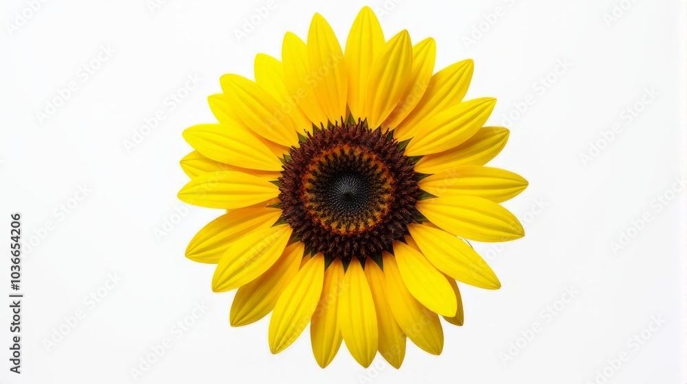 Single Vibrant Sunflower With Bright Yellow Petals and a Detailed Dark Brown Center Against a Clean White Isolated Background. Single Vibrant Sunflower With Bright Yellow Petals and a Detailed Dark Brown Center Against a Clean White Isolated Background.