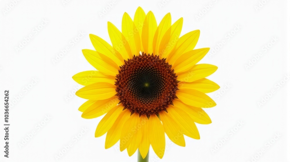 Single Vibrant Sunflower With Bright Yellow Petals and a Detailed Dark Brown Center Against a Clean White Isolated Background. Single Vibrant Sunflower With Bright Yellow Petals and a Detailed Dark Brown Center Against a Clean White Isolated Background.