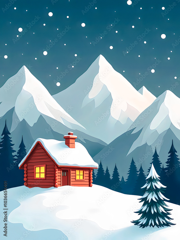 Fototapeta premium Cozy Cabin in a Snowy Mountain Landscape.