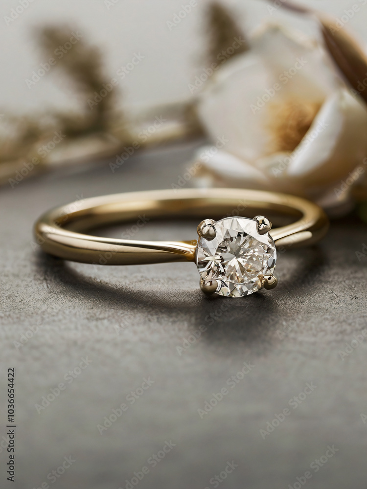 An elegant diamond engagement ring with a prominent solitaire, set on a slender gold band. An elegant diamond engagement ring with a prominent solitaire, set on a slender gold band.