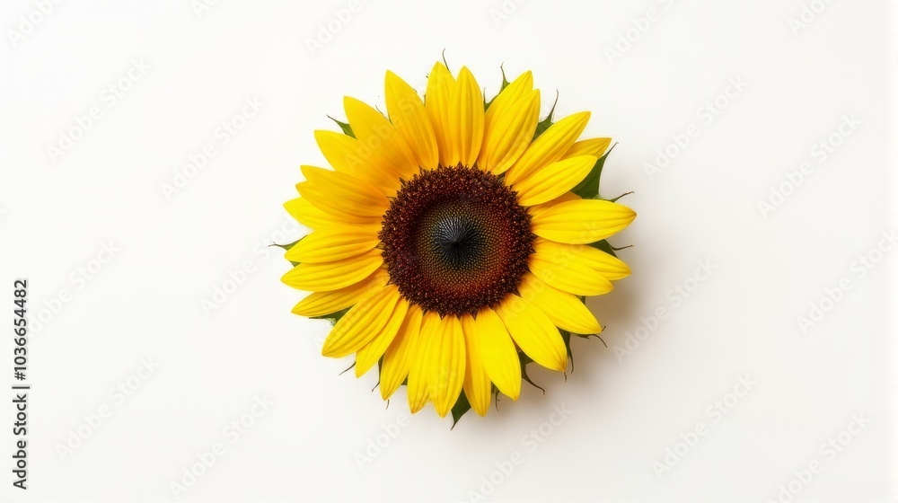 Single Vibrant Sunflower With Bright Yellow Petals and a Detailed Dark Brown Center Against a Clean White Isolated Background. Single Vibrant Sunflower With Bright Yellow Petals and a Detailed Dark Brown Center Against a Clean White Isolated Background.
