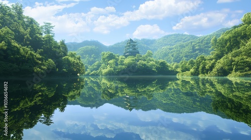 Tranquil Beauty of Ancient Japan - Majestic Castle Reflecting in Still Lake Surrounded by Lush Forests and Mountains