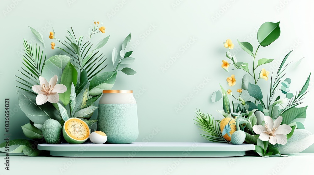 A detailed illustration of a living space adorned with sustainable products and abundant greenery. Soft sculptures serve as decorative elements, reinforcing the theme of environmental A detailed illustration of a living space adorned with sustainable products and abundant greenery. Soft sculptures serve as decorative elements, reinforcing the theme of environmental
