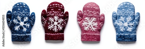 Winter mittens adorned with a snowflake design, perfect for keeping hands warm during chilly days. photo