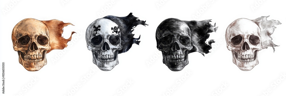 Fototapeta premium Pirate Flag Emblem Featuring Skull and Crossbones, Bold Design, Classic Symbol of Piracy, Isolated on White Background