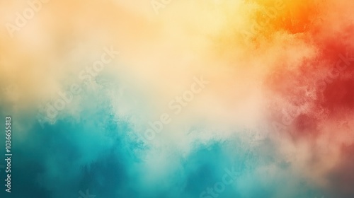 Abstract gradient background with soft light and shadow effects featuring orange, blue, and green colors, blending into a grainy textured surface with rough edges, and incorporating blurred nature sce