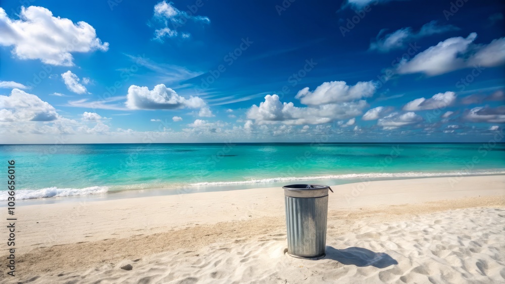 A minimalist shot of a rubbish bin on a pristine tropical beach, promoting environmental awareness and highlighting the beauty of coastal life for sustainable living. A minimalist shot of a rubbish bin on a pristine tropical beach, promoting environmental awareness and highlighting the beauty of coastal life for sustainable living.