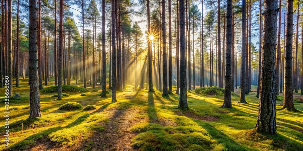 Obraz premium Golden Rays Illuminate a Tranquil Forest Floor, Bathed in the Soft Light of the Morning Sun, Casting Long Shadows Through the Dense Canopy of Tall Trees