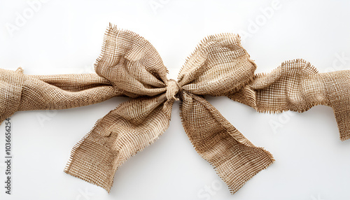 Burlap ribbon with pretty bow on white background, top view