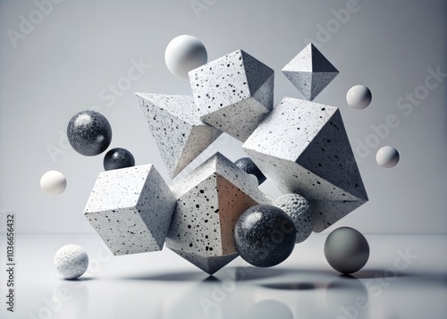 A modern art photograph showcases floating geometric shapes with a unique white and black speckled texture, blending contemporary design and artistic expression. photo