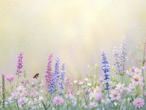 Bright summer garden, bees pollinating vibrant flowers, golden sunlight filling the scene