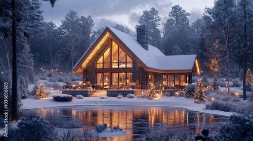 Wallpaper Mural Snowy Mountain Lodge with Warm Illuminations Torontodigital.ca