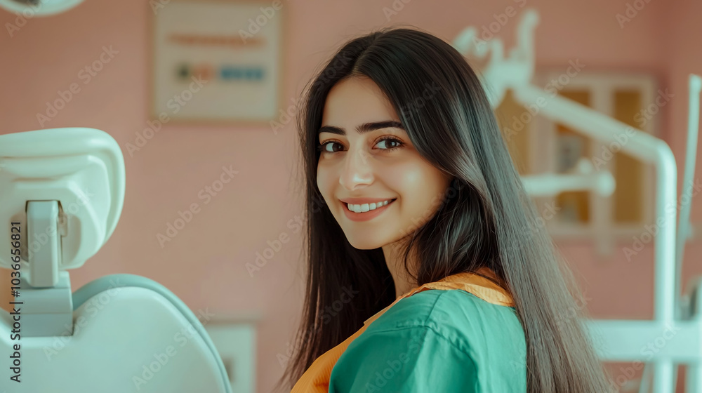 Fototapeta premium A middle-Eastern woman in her mid-age with long, straight hair.
