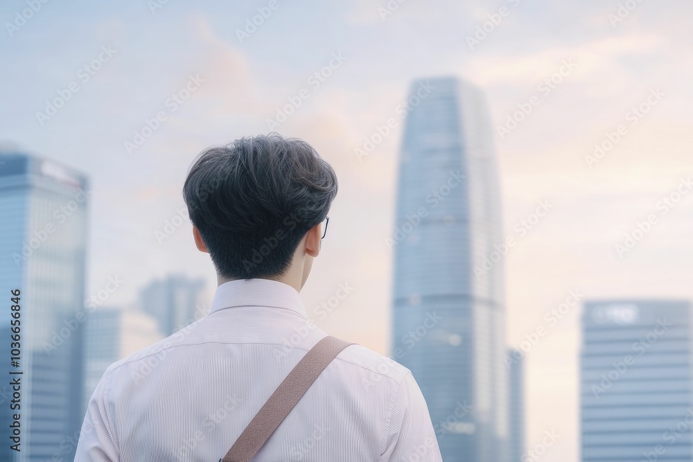 Business trip in a bustling city, professional with briefcase, modern skyscrapers in background Business trip in a bustling city, professional with briefcase, modern skyscrapers in background
