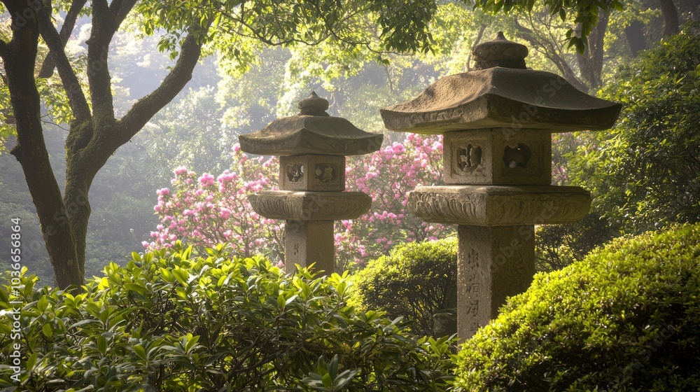 Serene Beauty of Ancient Japanese Garden with Blooming Azaleas and Stone Lanterns, Tranquil Landscape in Medieval Japan Serene Beauty of Ancient Japanese Garden with Blooming Azaleas and Stone Lanterns, Tranquil Landscape in Medieval Japan