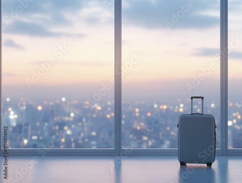 Business traveler in luxury hotel, city lights outside the window, suitcase by the door photo