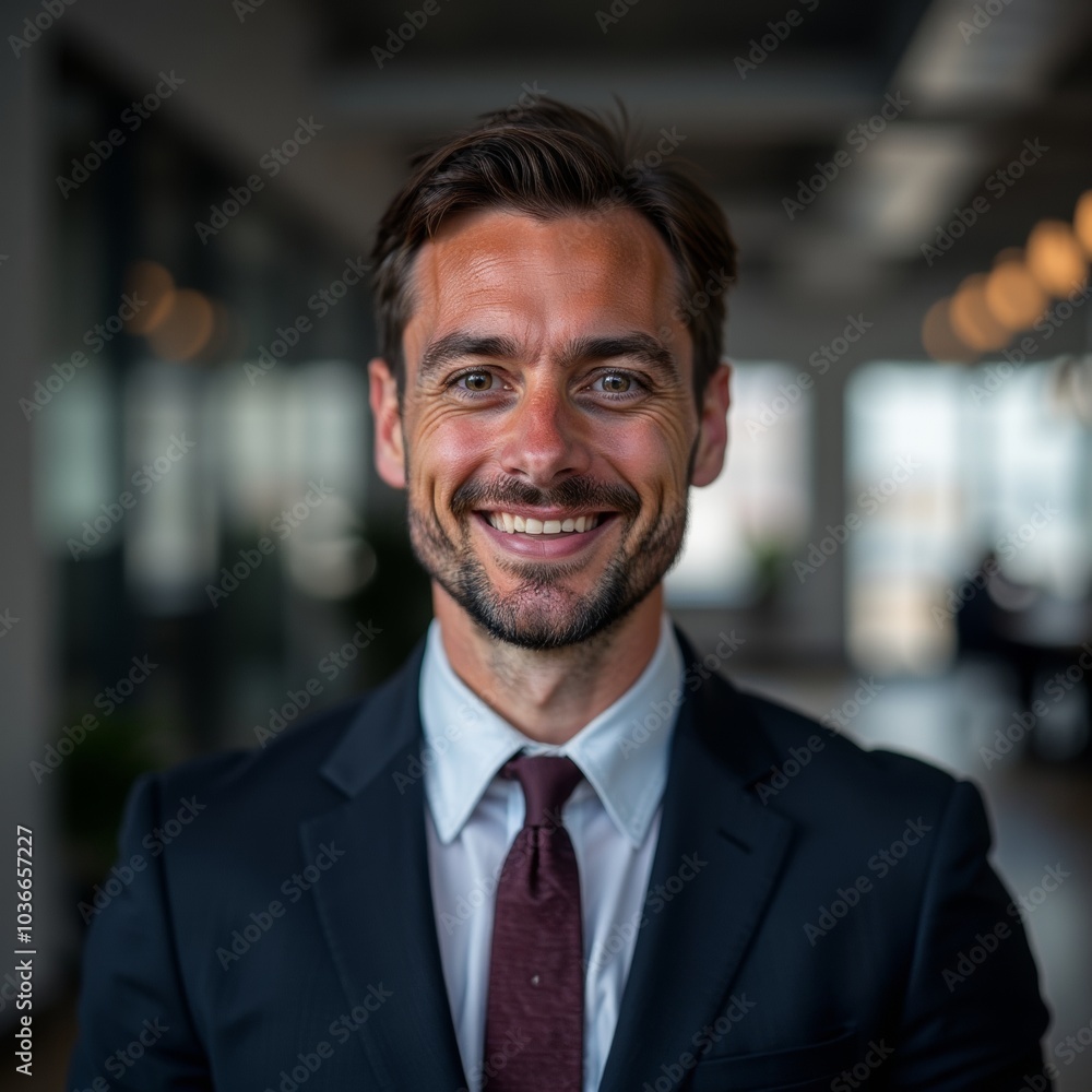 Photo of a smiling businessman, modern office background, centered composition Photo of a smiling businessman, modern office background, centered composition