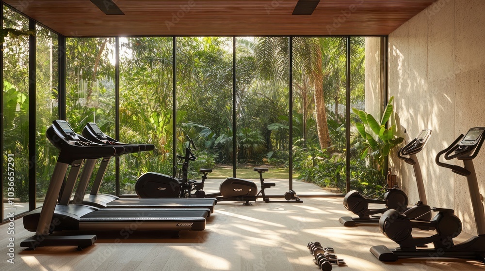 Fototapeta premium Modern Gym with Tropical View