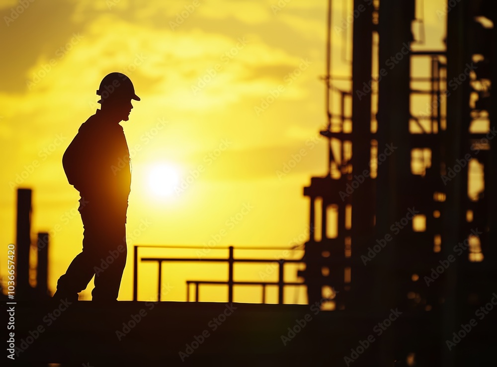 Fototapeta premium Silhouette of a male worker in a hard hat during sunset at an industrial site.