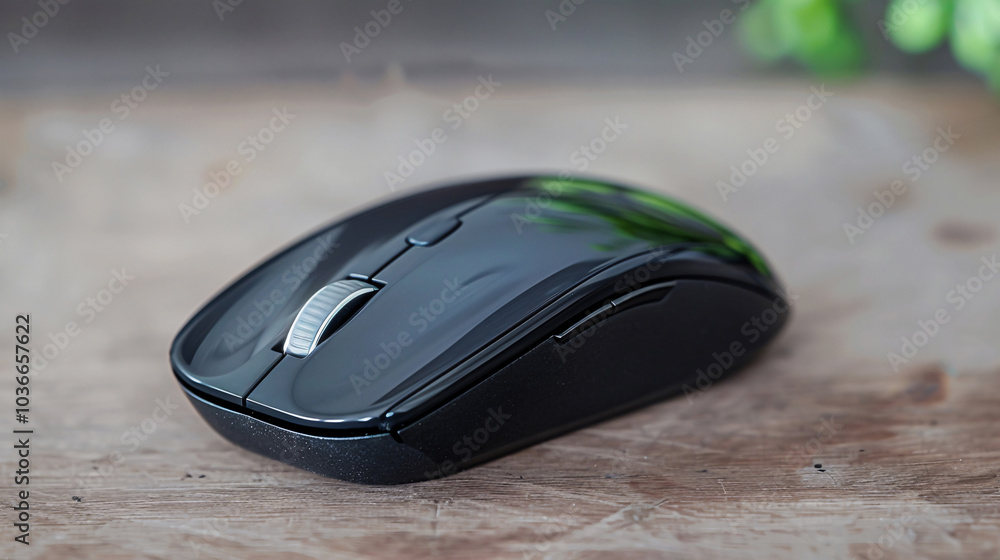 Close-up of a wireless black computer mouse placed on a wooden table with a soft focus background, emphasizing modern technology and design. Close-up of a wireless black computer mouse placed on a wooden table with a soft focus background, emphasizing modern technology and design.