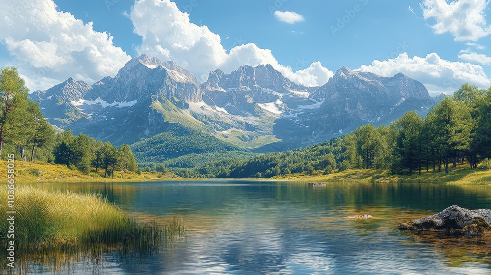 Fototapeta premium A picturesque landscape with mountains in the background positioned in the upper third, and a serene lake in the foreground, following the rule of thirds for balanced composition