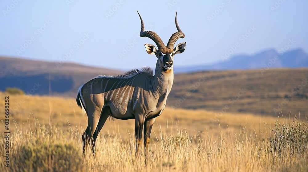 Obraz premium A majestic kudu antelope standing alert, its impressive spiral horns showcased against the landscape