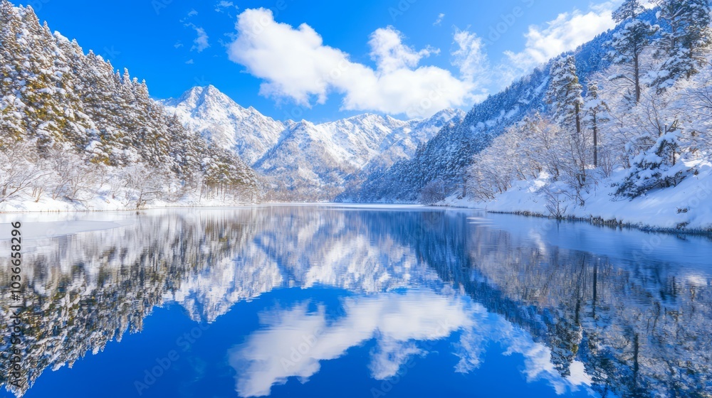 Serene Winter Wonderland: Majestic Snow-Covered Mountain Range Reflecting in Crystal-Clear Lake in Ancient Medieval Japan Landscape Serene Winter Wonderland: Majestic Snow-Covered Mountain Range Reflecting in Crystal-Clear Lake in Ancient Medieval Japan Landscape
