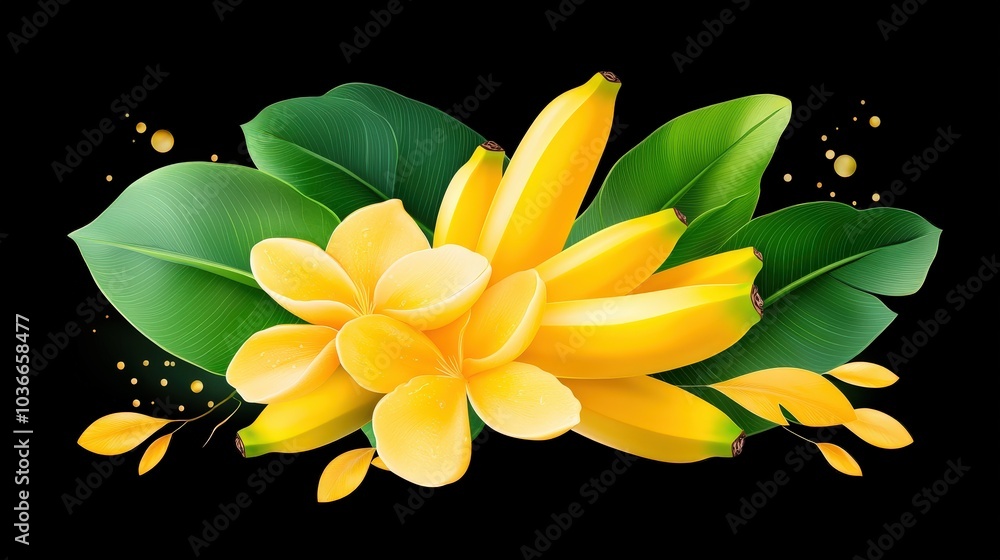 Fototapeta premium A scenic view of a banana tree bursting with ripe and unripe bananas, surrounded by dense green leaves, reflects the lushness and vibrancy of life in a tropical plantation setting.