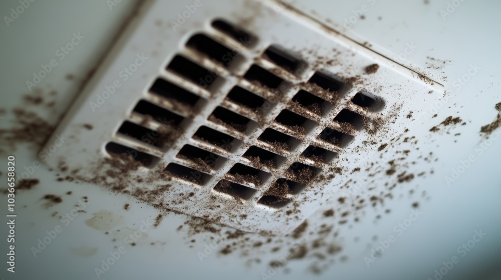Dirty bathroom vent with dust and grime, showcasing poor ventilation maintenance. Dirty bathroom vent with dust and grime, showcasing poor ventilation maintenance.
