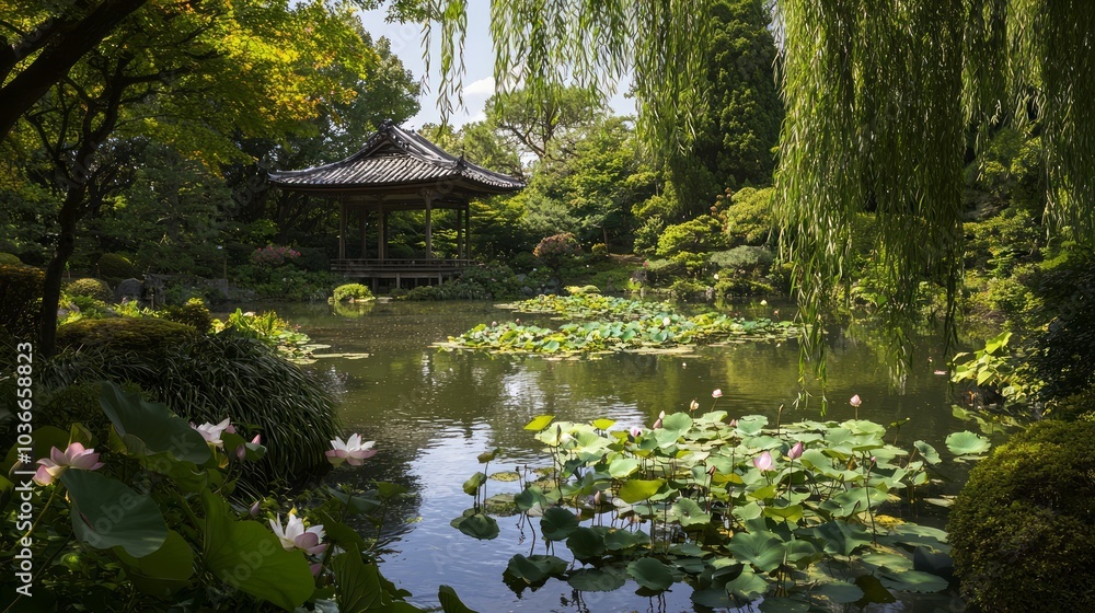 Tranquil Japanese Garden Pond with Lotus Flowers and Wooden Pavilion in Ancient Medieval Setting Tranquil Japanese Garden Pond with Lotus Flowers and Wooden Pavilion in Ancient Medieval Setting