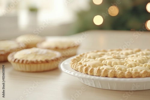 A festive baking atmosphere fills the cozy kitchen, where cookies and pies emerge hot from the oven, surrounded by cheerful decorations that evoke the spirit of the season.