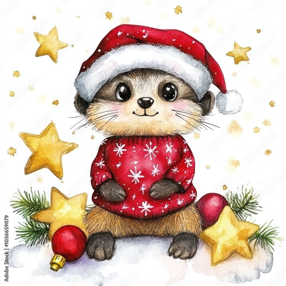 Cute cartoon meerkat in Christmas sweater, watercolor on white background. Christmas and animals Cute cartoon meerkat in Christmas sweater, watercolor on white background. Christmas and animals