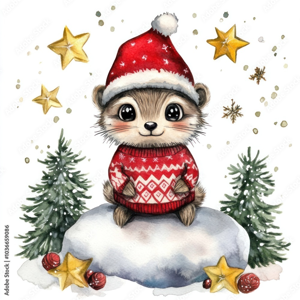 Cute cartoon meerkat in Christmas sweater, watercolor on white background. Christmas and animals Cute cartoon meerkat in Christmas sweater, watercolor on white background. Christmas and animals