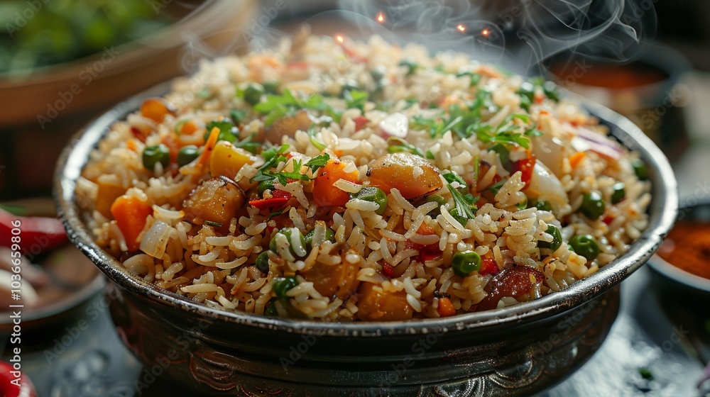 A steaming bowl of mixed vegetable rice sits invitingly on a table. Concept of delicious home-cooked meal. For food blog photo... A steaming bowl of mixed vegetable rice sits invitingly on a table. Concept of delicious home-cooked meal. For food blog photo...